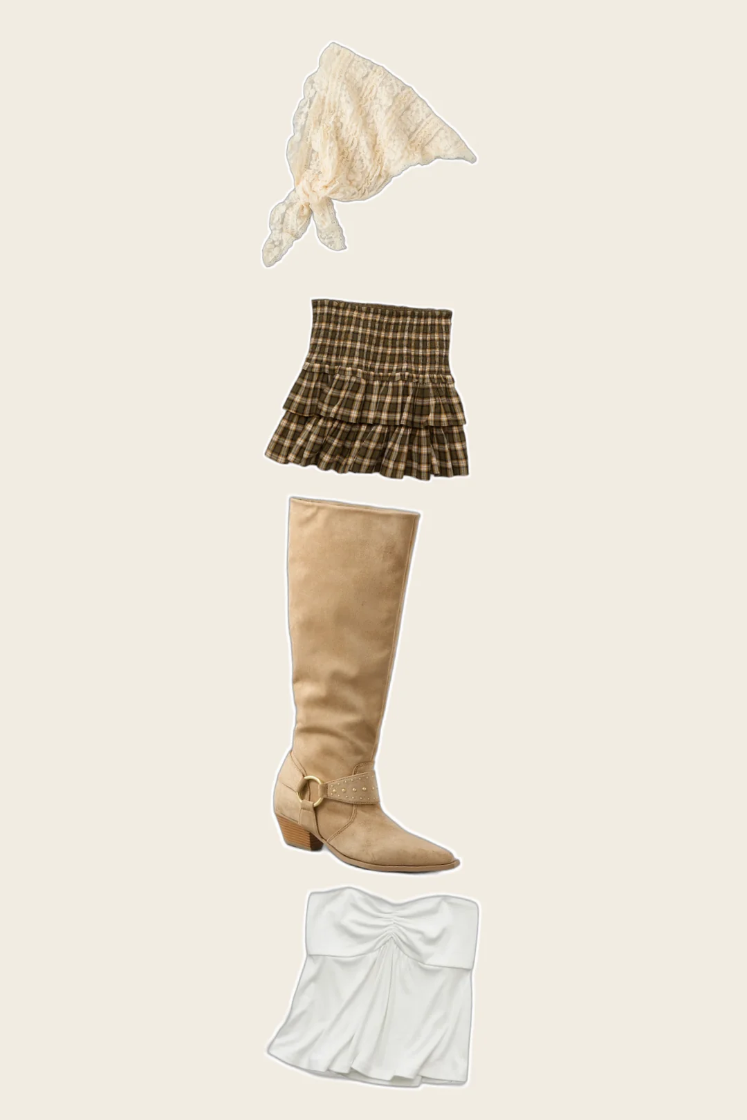 Plaid Ruffle Stage country concert outfits flatlay with Cinched Babydoll Tube Top, High-Waisted Plaid Ruffle Skirt, Knee High Bootie, Lace Bandana