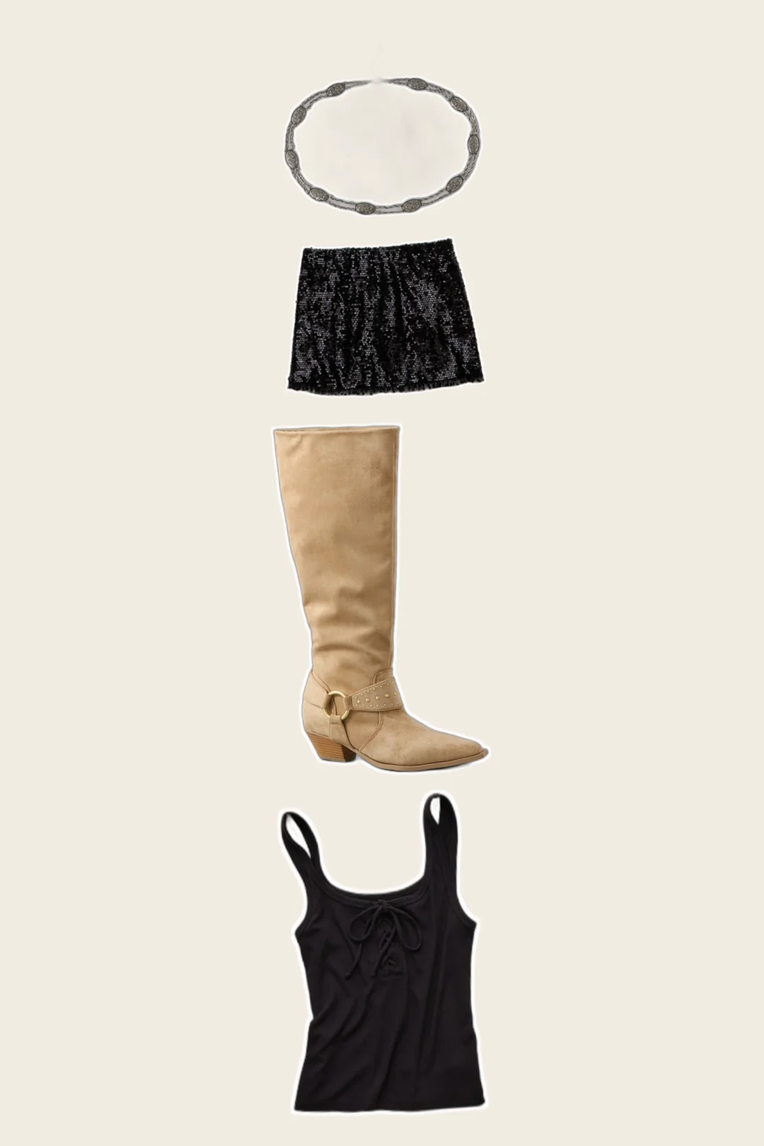 Silver Shadow Encore country concert outfits flatlay with Lace-Up Tank Top, It Knit Sequined Mini Slit Skort, Knee High Bootie, Concho Chain Belt