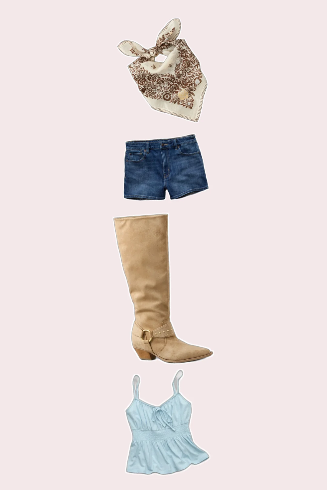 Sunchaser Denim Mom country concert outfits flatlay with Sunchaser Tie-Front Smocked Cami, Stretch Denim Mom Short, Knee High Bootie, Floral Bandana