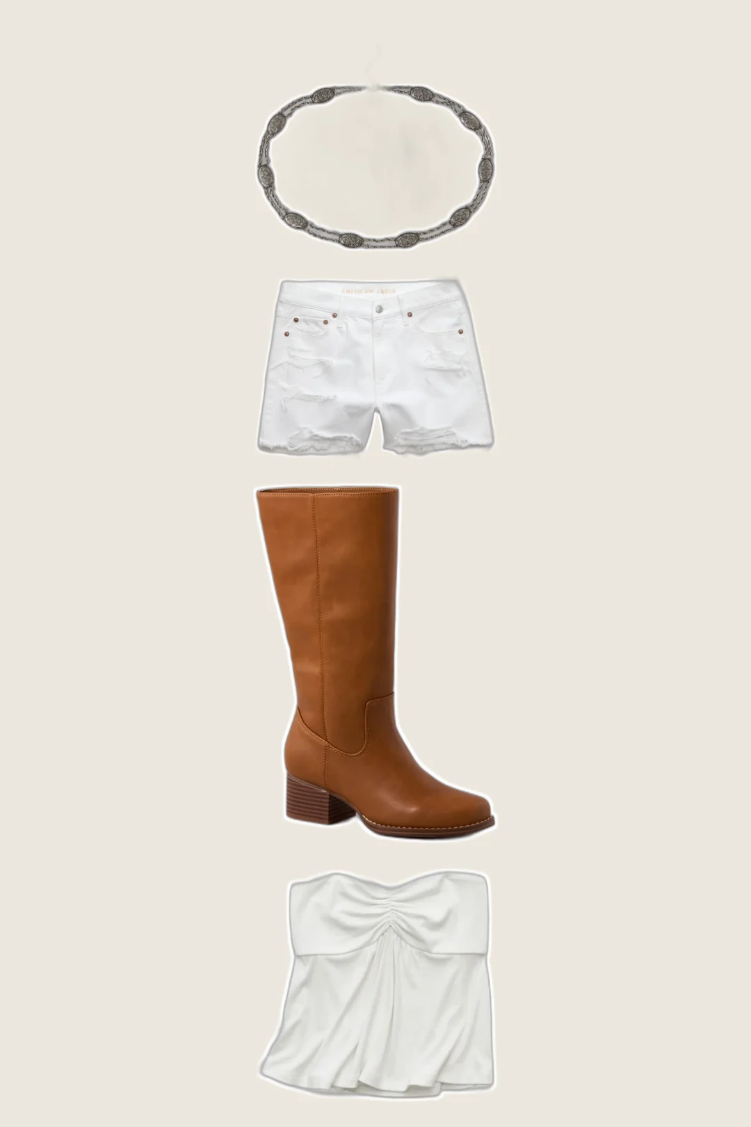 White Babydoll Western country concert outfits flatlay with Cinched Babydoll Tube Top, Strigid Super High-Waisted Relaxed Denim Short, Knee High Stovepipe Boot, Concho Chain Belt