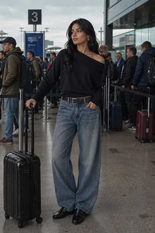 Cozy Top Hotel Lobby travel outfit featuring a knit top and baggy jeans