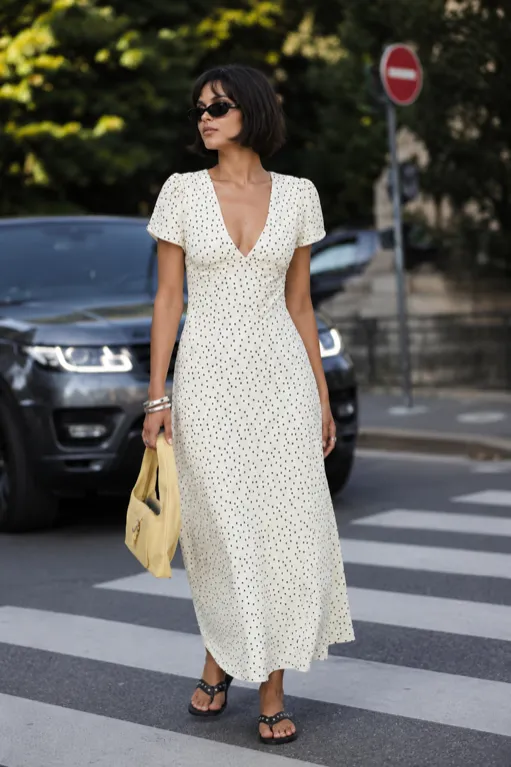 Cream Polka Sunglasses Agenda outfit featuring cream polka dot maxi dress