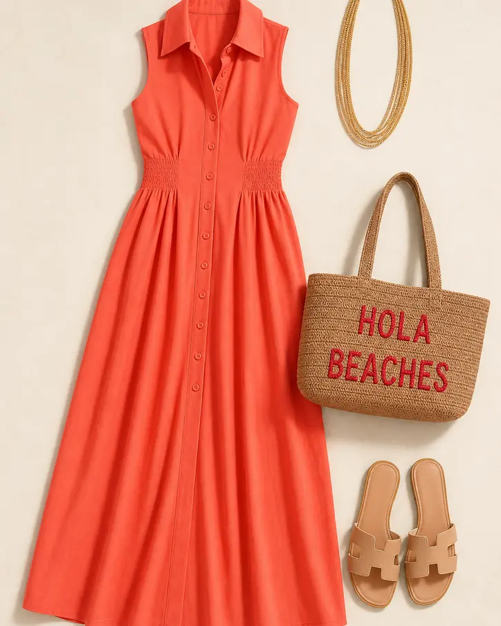 Coral Port Walk cruise outfit flatlay with Must Be Nice Collared Maxi Dress Coral, Your Turn Flat Sandals Nude, Hola Beaches Tote Bag Tan, Solid Babe Necklace Gold