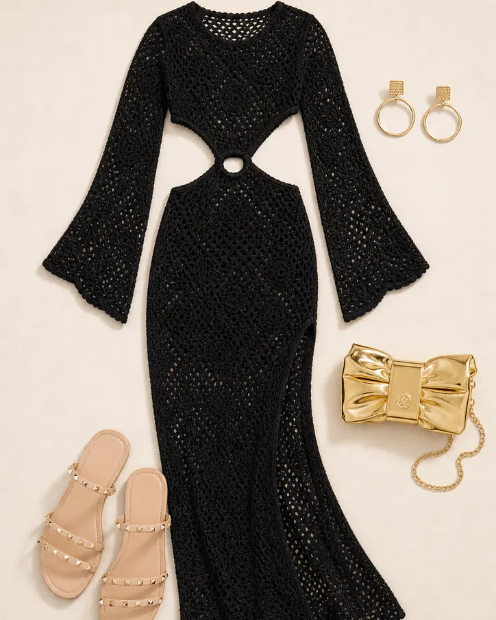 Crochet After Dark cruise outfit flatlay with Positano Crochet Maxi Dress Black, Aren't You A Stud Flat Sandals Nude, Bowtiful Metallic Clutch Gold, Come On Over Earrings Gold