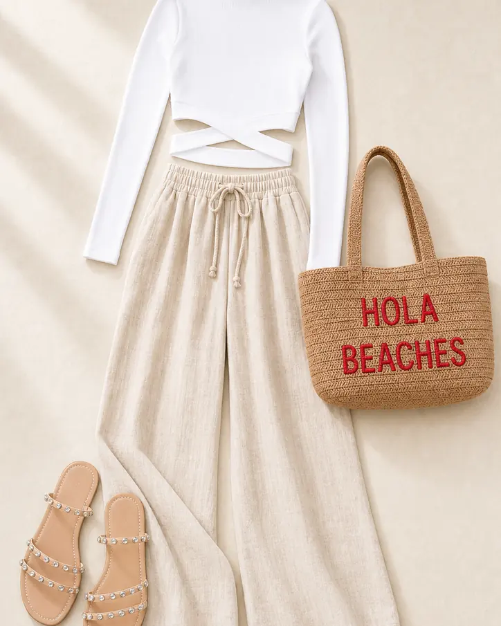 Natural Linen Market Stop cruise outfit flatlay with Run The City Linen Wide Leg Pants 33″ Natural, Perfect Timing Crop Top White, Three Strikes Flat Sandal Nude, Hola Beaches Tote Bag Tan