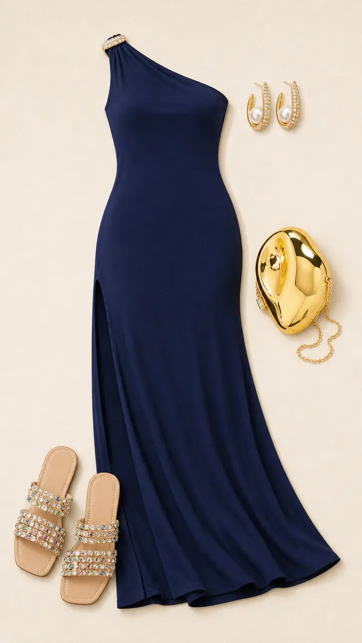 Navy Dinner Deck cruise outfit flatlay with Tessa Maxi Dress Navy, Yazmin Flat Sandals Nude, Moon Rock Clutch Gold, Oh Pearly Please Earrings Gold