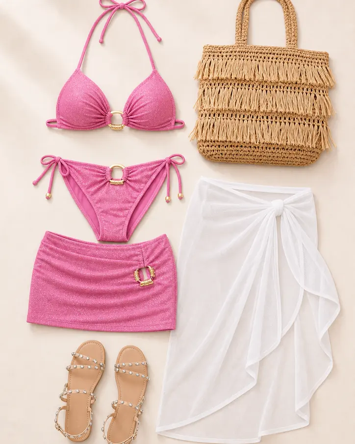 Poolside Pink Shimmer cruise outfit flatlay with Follow Me To Paradise Shimmer 3 Piece Bikini Set Pink, Maui Mix And Match Mesh Cover Up Skirt White, Three Strikes Flat Sandal Nude, Carribean Vacation Tote Bag Tan