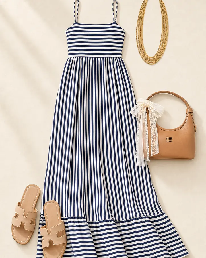 Striped Sunset Stroll cruise outfit flatlay with Anne Striped Maxi Dress Navy, Your Turn Flat Sandals Nude, My Must Have Faux Leather Shoulder Bag Tan, Solid Babe Necklace Gold