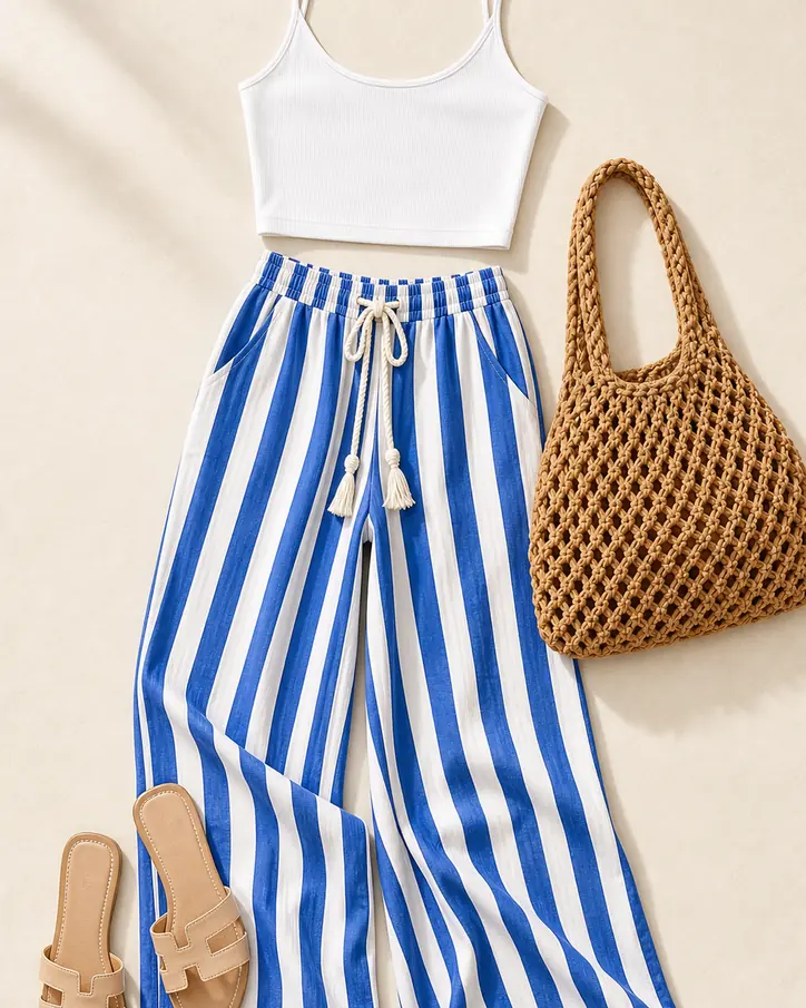 Sun Deck Linen Stripe cruise outfit flatlay with Tea Time Stripe Wide Leg Pant Navy/combo, Keep It Low Key Crop Top White, Reagen Flat Sandals Nude, En La Playa Tote Bag Tan