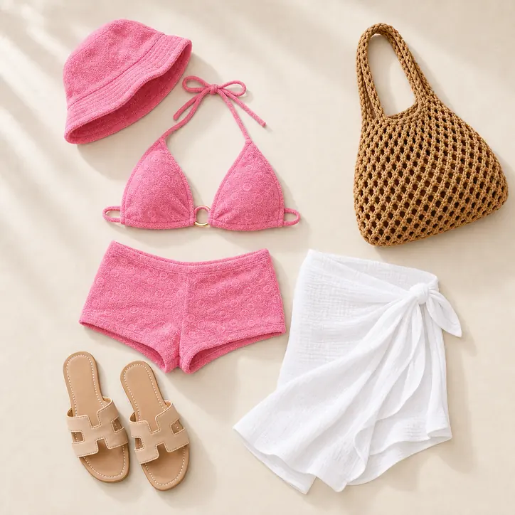 Terry Cabana Pink cruise outfit flatlay with Melina 3 Piece Boyshort Bikini Set Pink, Show Off Cover Up White, Reagen Flat Sandals Nude, En La Playa Tote Bag Tan