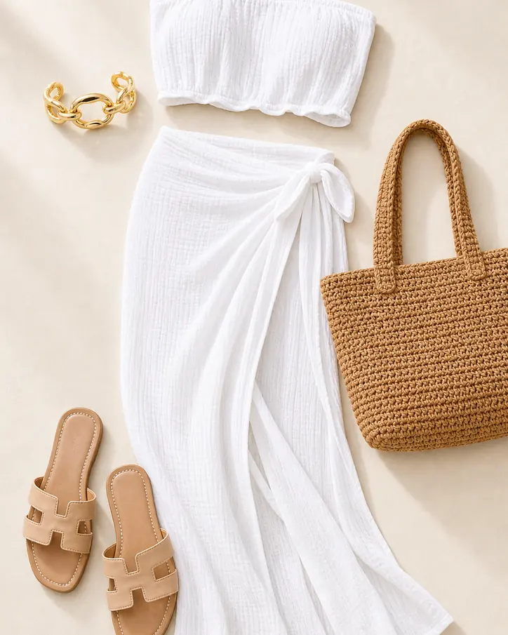 White Gauze Beach Club cruise outfit flatlay with Island Sun Crinkle Gauze Cover Up Skirt Set White, Your Turn Flat Sandals Nude, South Beach Tote Bag Tan, Off The Cuff Bracelet Gold