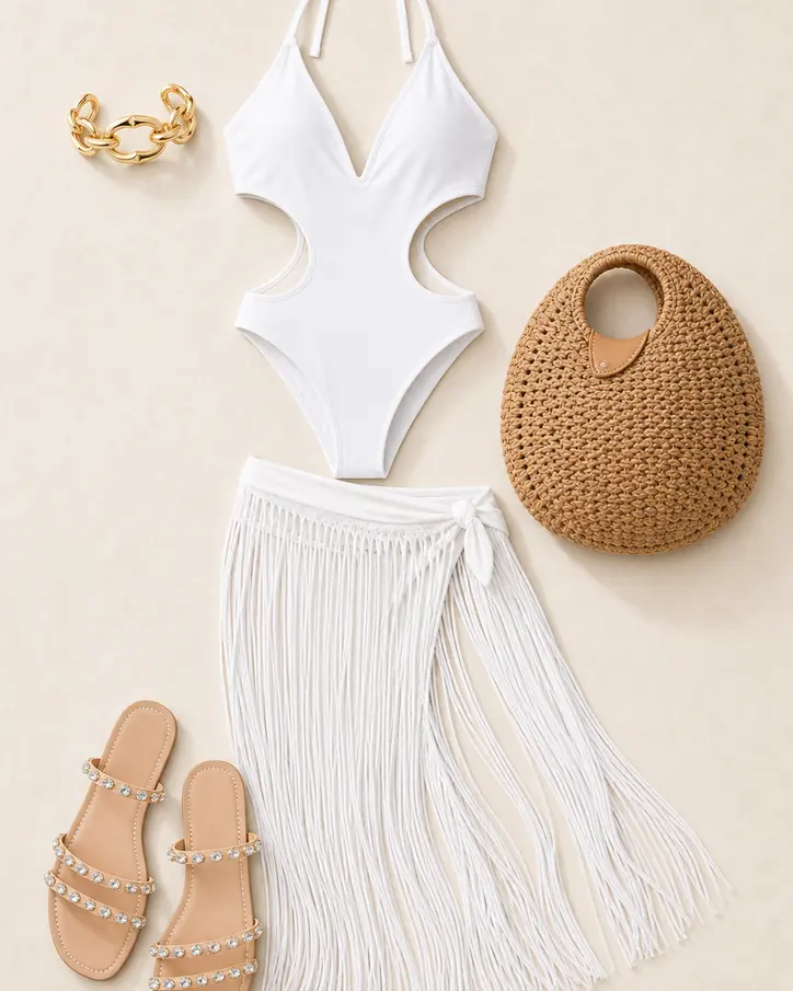 White Swim Supper Cover cruise outfit flatlay with Paula 1 Piece Swimsuit And Coverup Skirt White, Yazmin Flat Sandals Nude, Sand And Sun Tote Bag Tan, Off The Cuff Bracelet Gold