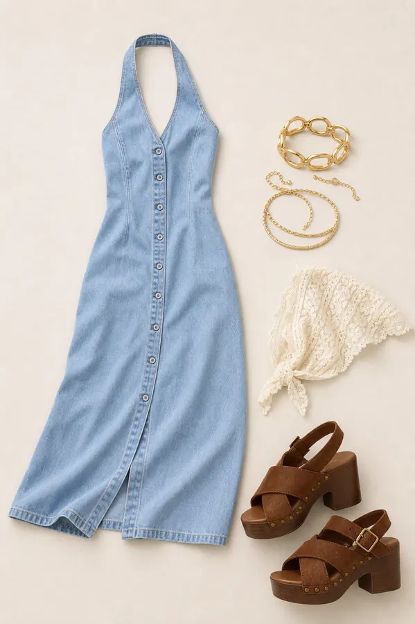 Blue Halter Bandana Plan denim dress outfit flatlay with Halter Denim Midi Dress, Organic Bracelet 3 Pack, Lace Bandana, Criss Cross Wedge Clog