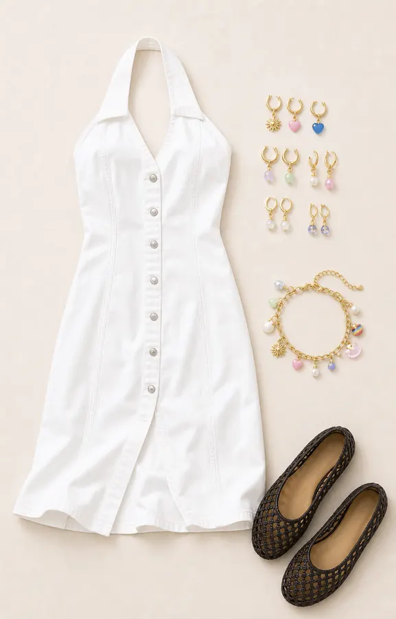White Halter Pride Stack denim dress outfit flatlay with Denim Halter Midi Dress, Pride Earrings 6 Pack, Charm Bracelet, Raffia Ballet Flat