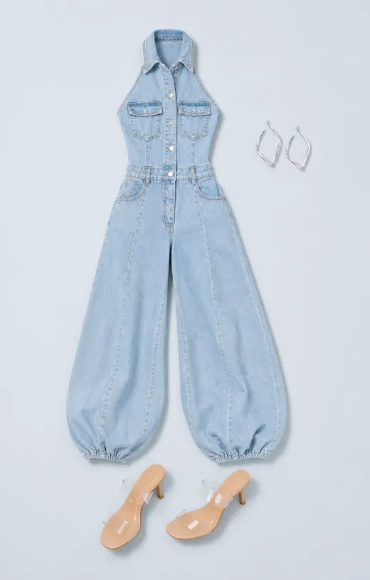 Balloon Jumpsuit Heel Meeting denim outfit flatlay with Downtown Girl Balloon Jumpsuit Denim, Tipping The Glass Mid Heels Nude, How It Is Hoop Earrings Silver