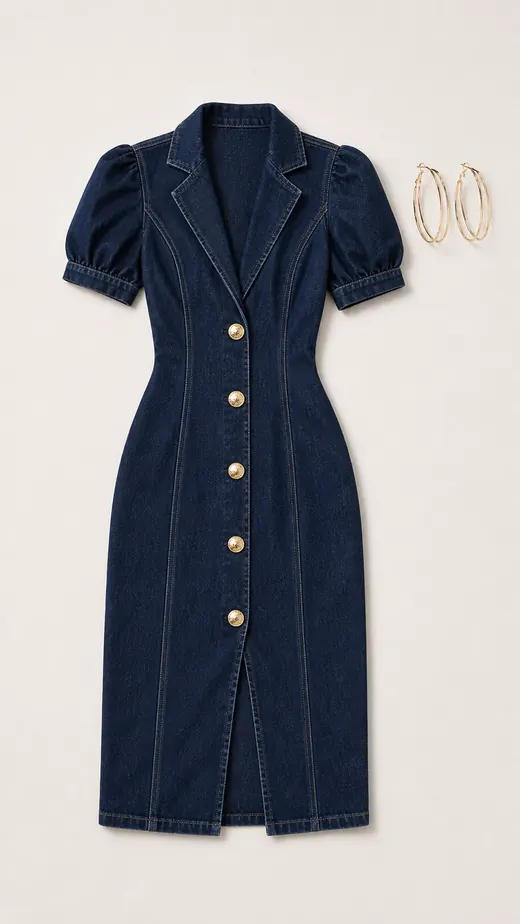 Dark Denim Hoop Memo denim outfit flatlay with Mackenzie Collar Denim Midi Dress Dark Denim, Double Loop Hoop Earrings Gold
