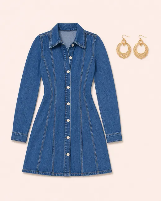 Jessi Filigree After Hours denim outfit flatlay with Jessi Long Sleeve Denim Mini Dress Denim, Enchanted Filigree Earrings Gold