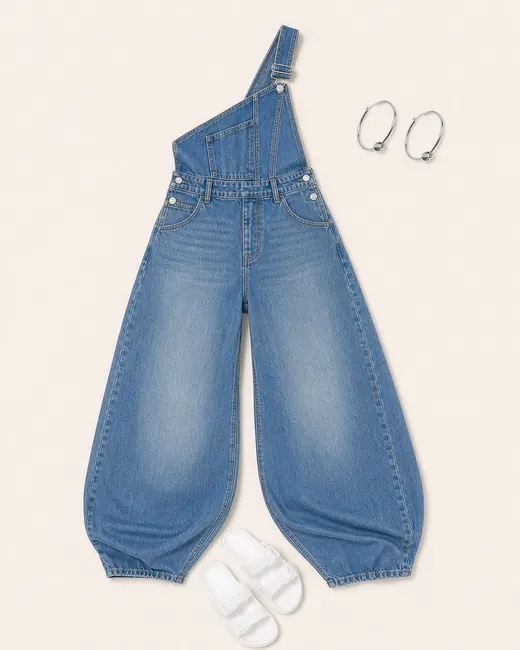 Overalls Took The White Slide denim outfit flatlay with Out Of State Denim Overalls Medium Wash, Allie Double Buckle Slides White, Knot Your Problem Hoop Earring Silver