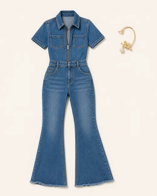 Square Deal And Tiny Mermaid denim outfit flatlay with Fair And Square Denim Jumpsuit Medium Wash, Mermaid Catch Pearl Ear Cuff Gold