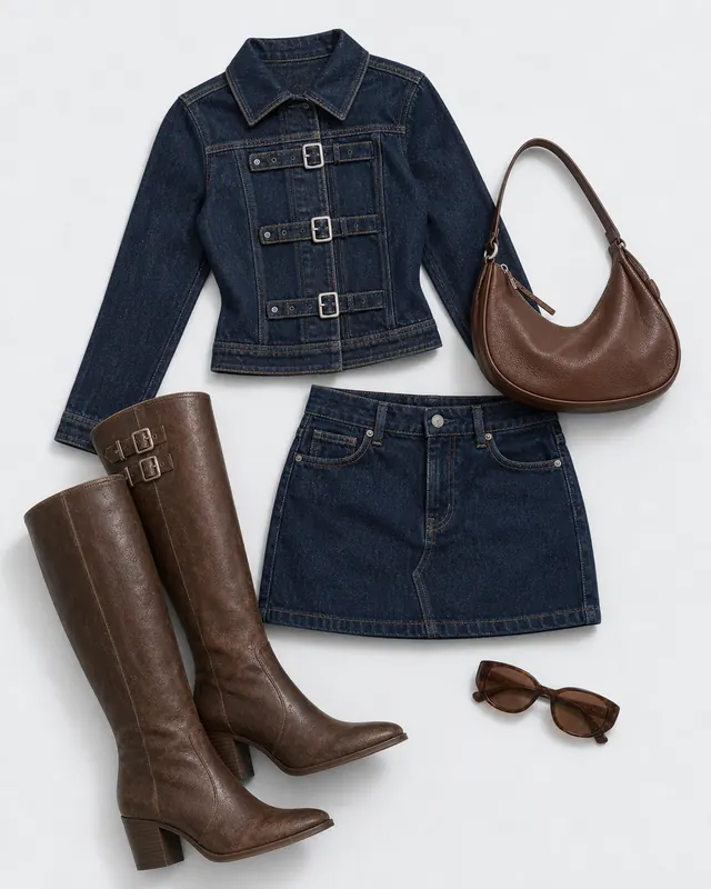 Cristen Cadet Denim Evidence denim skirt outfit flatlay with Cristen Cadet Denim Mini Skirt Indigo, Ritz Knee High Boots Brown, Cristen Cadet Buckle Denim Jacket Indigo, Zenia Shoulder Bag Brown, Wonderful World Sunglass