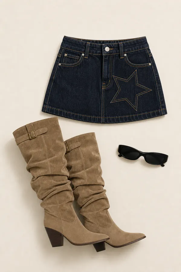 Electric Star Khaki Boot Plot denim skirt outfit flatlay with Electric Star Patch Pocket Mini Skirt Dark Blue Wash, Rave On Sunglasses Black, Jumping Boots Khaki