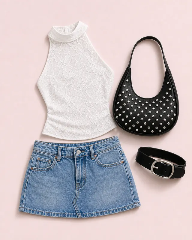 Petite Blue Studded Shortcut denim skirt outfit flatlay with Nickei Denim Mini Skirt Washed Blue Petite, Hotter Than Fire Lace Halter Top White, Like A Daydream Studded Bag Black, Nekoda Belt Black