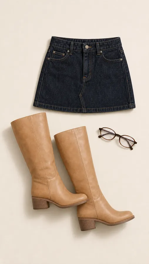 Raw Dark Boot Appointment denim skirt outfit flatlay with Nickei Denim Mini Skirt Raw Dark Wash, Life Begins Blue Light Glasses Brown, Therapy Fever Boots Tan