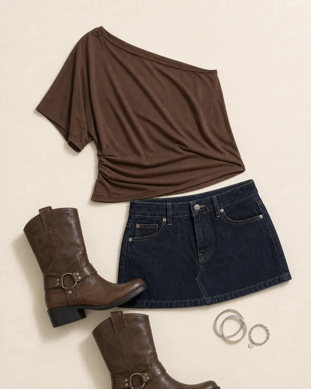 Raw Denim Western Clause denim skirt outfit flatlay with Nicolina Low Rise Denim Mini Skirt Raw Denim, Passerby Asymmetrical Off Shoulder Top Brown, Wrecked Western Boots Brown, Kelsie Bracelet Pack Silver