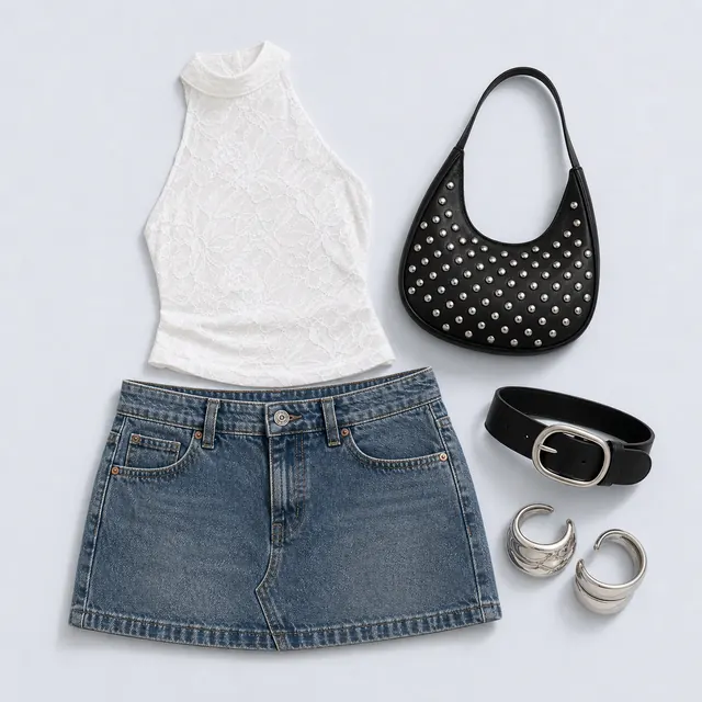 Tall Blue Lace Alibi denim skirt outfit flatlay with Nickei Denim Mini Skirt Washed Blue Tall, Hotter Than Fire Lace Halter Top White, Like A Daydream Studded Bag Black, Nekoda Belt Black, Hot Gossip Cuff Set Silver