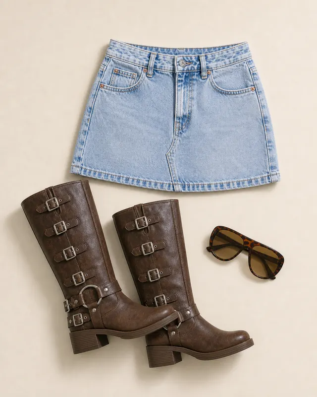 Tall Ice Blue Boot Repeat denim skirt outfit flatlay with Nicolina Low Rise Denim Mini Skirt Ice Blue Wash Tall, Buckle Down Boots Brown, Prized Possession Aviator Sunglasses Tort