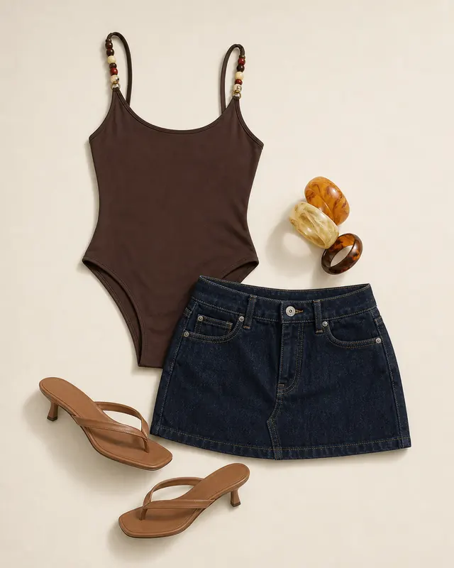 Warna Dark Wash Coffee Heel denim skirt outfit flatlay with Warna Low Rise Denim Mini Skirt Dark Wash, Calixta Cuff Pack Multi, Billini Xami Heels Coffee, Someone You Need Bead Detail Bodysuit Chocolate