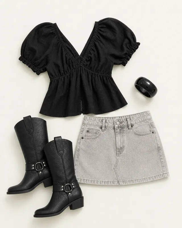 Washed Grey Western Puff denim skirt outfit flatlay with Nicolina Low Rise Denim Mini Skirt Washed Grey, Madlen Resin Cuff Black, With Pleasure Puff Sleeve Linen Blouse Top Black, Wrecked Western Boots Black