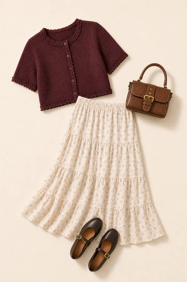 Burgundy Leaf Cardigan fall family photo outfit AI flatlay with real product pieces.