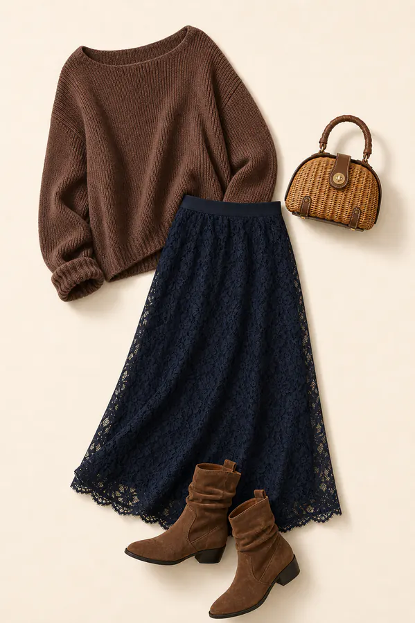 Chestnut Lace Midi fall family photo outfit AI flatlay with real product pieces.