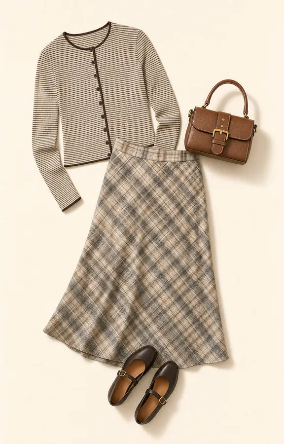 Cider Plaid Softness fall family photo outfit AI flatlay with real product pieces.