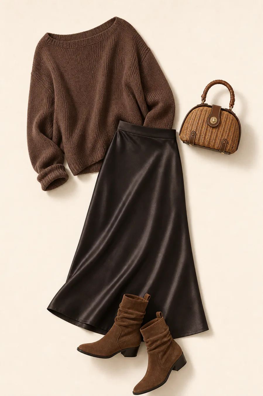 Maple Satin Neutral fall family photo outfit AI flatlay with real product pieces.