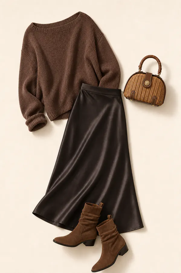 Maple Satin Neutral fall family photo outfit AI flatlay with real product pieces.