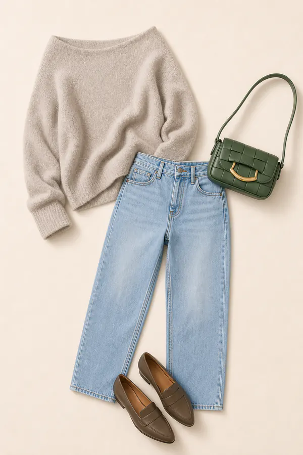 Pumpkin Patch Denim fall family photo outfit AI flatlay with real product pieces.