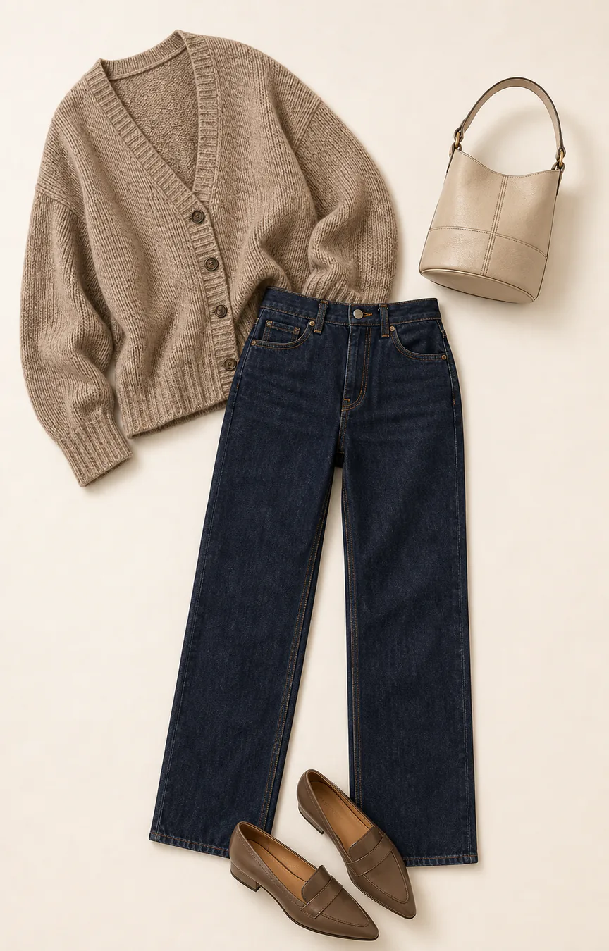 Rustic Dark Denim fall family photo outfit AI flatlay with real product pieces.