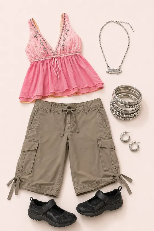 Babydoll Cargo Mischief festival outfit flatlay with Lily Babydoll Embellished Top, Merrell Black Relay Tour Mary Jane Shoes, Ed Hardy Logo Chain Necklace, Bench 7/8 Cropped Cargo Trousers, Chunky Mix Bangle Pack, Etched