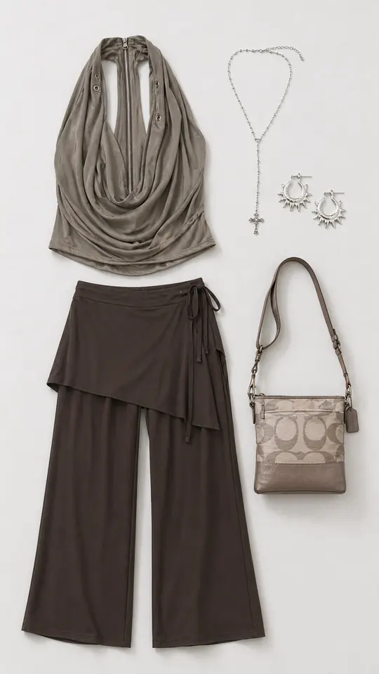 Back-Zip After Midnight festival outfit flatlay with Jaded London Vrax Cowl Zipper Top, Bohomoon UO Exclusive Lillie Cross Lariat Necklace, Hammered Sun Hoop Earrings, Motel Amata Dark Brown Skirt Trouser, Urban Renewal 