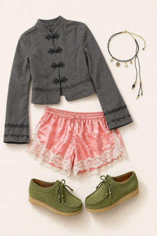 Cassie Jacket Tea Break festival outfit flatlay with Cassie Frogging Jacket, Lace Satin Shorts, Clarks Originals Apple Suede Wallabee Shoes, Charm Thread Wrap Choker