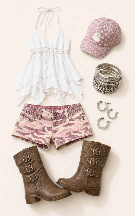 Hanky Hem Weather Report festival outfit flatlay with Hanna Hanky Hem Tunic, Pink Piper Camo Mini Shorts, Taupe Tales Buckle Boots, Carhartt WIP Cane Hat, Chunky Mix Bangle Pack, Tunnel Hoop Earrings 3-Pack