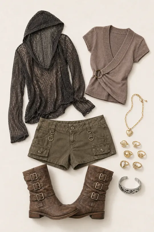 Hooded Knit Plot Twist festival outfit flatlay with Jaded London Naia Loose Knit Hooded Top, Jaded London Tucana Cargo Mini Shorts, Taupe Tales Buckle Boots, Recreation Jewels Margot's Heart Necklace, Shell Rings 6-Pack,