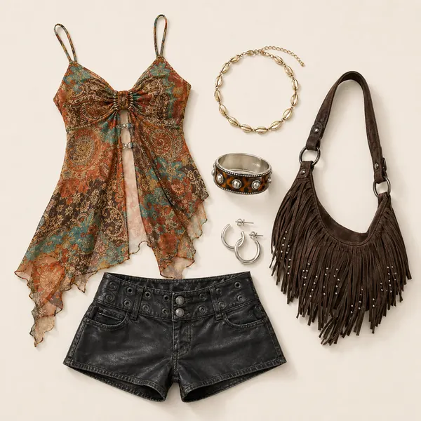 Ibiza Hardware Breakfast festival outfit flatlay with Ibiza Hardware Tunic, Piper Faux Leather Shorts, Fringe Suedette Bag, Delicate Shell Choker Necklace, Studded Tortoiseshell Bangle, Silver Hoop Earrings
