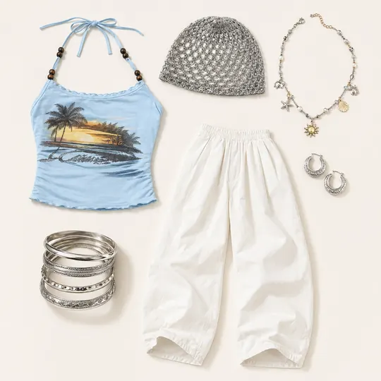 Kawela Bay Hat Trick festival outfit flatlay with Kawela Bay Beaded Halter Top, Metallic Skull Cap, Sea Charms Necklace, Chunky Mix Bangle Pack, Bobbi Baggy Cocoon Trousers, Etched Mini Hoop Earrings