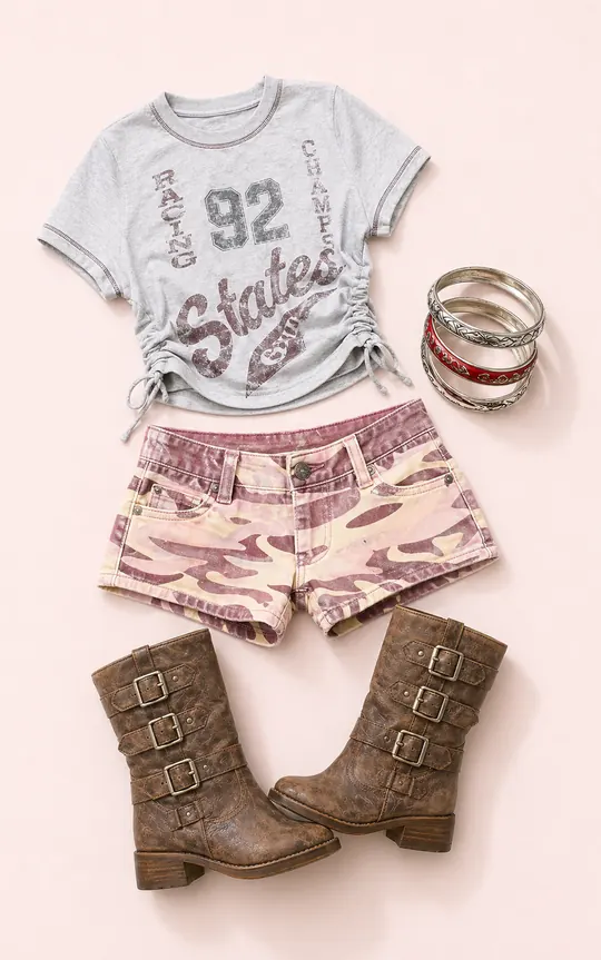 Pink Camo Snack Run festival outfit flatlay with Pink Piper Camo Mini Shorts, Taupe Tales Buckle Boots, Stateside Koko Cinched T-Shirt, Red & Etched Bangles 3-Pack