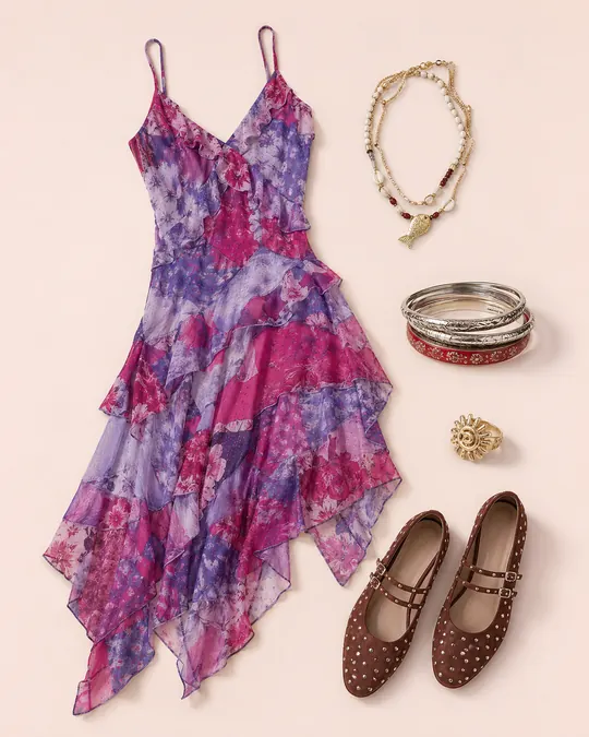 Ruffle Date With Chaos festival outfit flatlay with Cara Ruffle Slip Midi Dress, RAID Brown Varley Ballet Shoes, Red & Etched Bangles 3-Pack, Double Layer Fish Charm Rope Necklace, Ornate Sun Swirl Ring