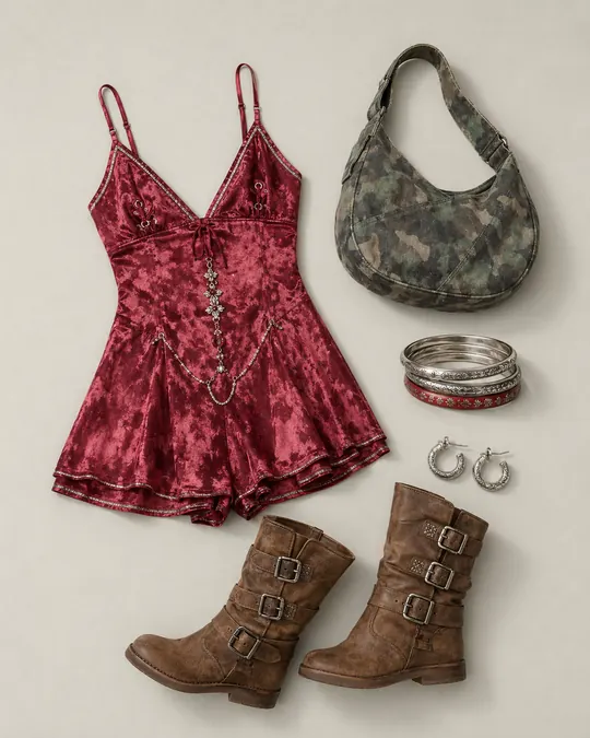 Skort Court Appearance festival outfit flatlay with Light Before Dark Eli Skort Romper, Taupe Tales Buckle Boots, Penny Camo Sling Bag, Red & Etched Bangles 3-Pack, Etched Mini Hoop Earrings