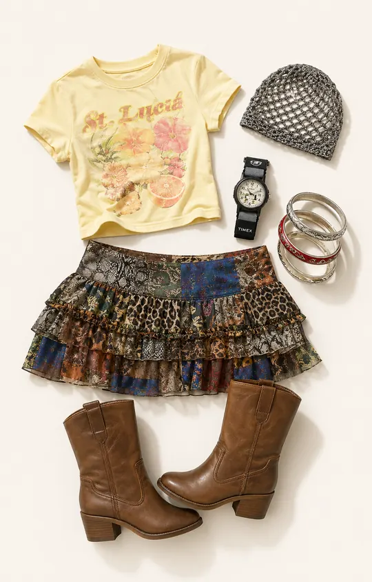 St. Lucia Stage Snack festival outfit flatlay with St. Lucia Flower Baby T-Shirt, Mixed Print Mesh Rara Skirt, Metallic Skull Cap, Timex x Peanuts Beagle Scout Fast Wrap Strap Watch, Red & Etched Bangles 3-Pack, Pull-On 